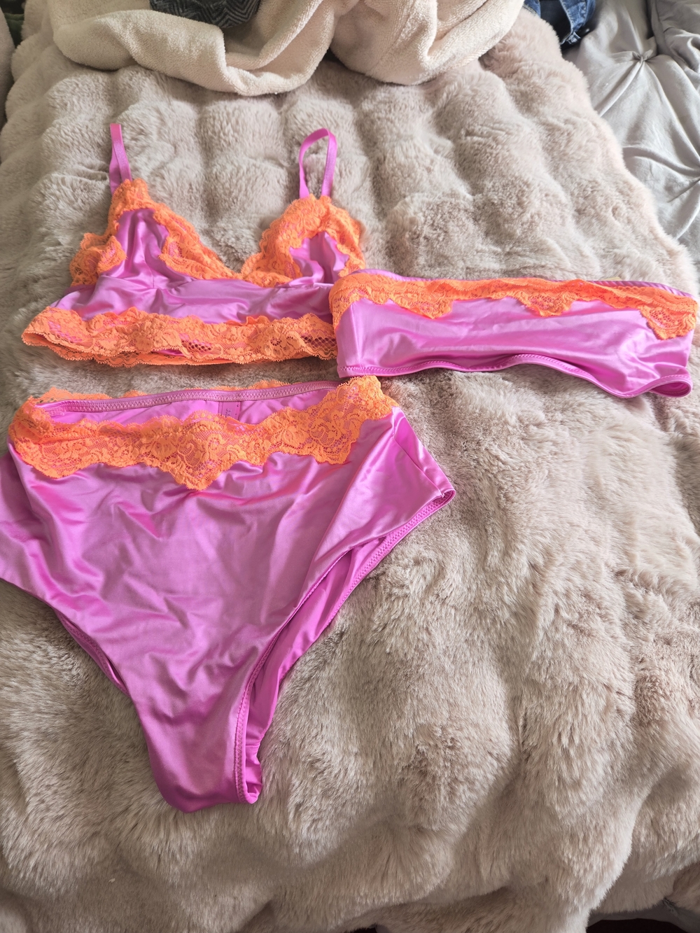 SKIMS Neon Orchid Lace Trim Bralette & High-Waist Bikini Set